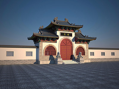 中式古建寺庙山门建筑模型