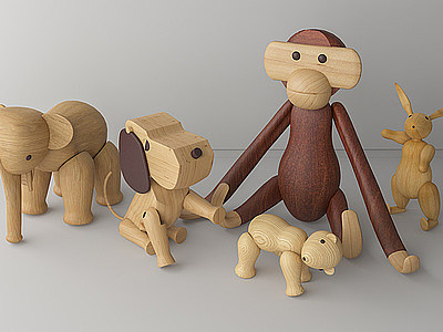 3d儿童实木动物玩具木偶模型