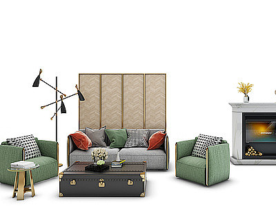 3d现代中式沙发茶几组合模型