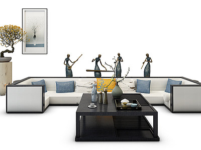 3d现代中式沙发茶几雕塑.模型