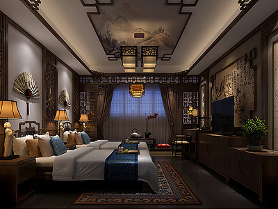中式酒店客房3D模型模型3d模型