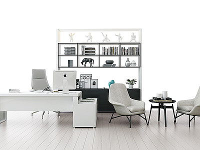 3d现代老板台沙发书柜组合模型