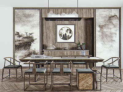 新中式泡茶桌椅吊灯组合模型
