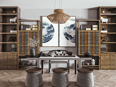 3d新中式茶室茶桌椅组合茶桌模型