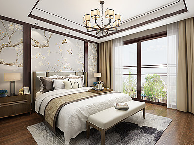 新中式卧室客房模型3d模型