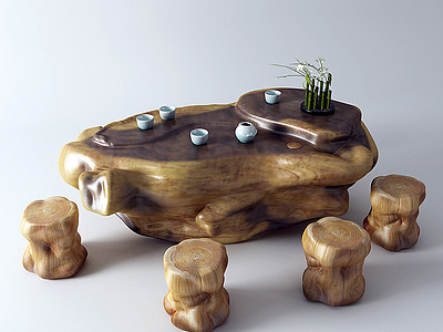 新中式茶桌椅根雕茶海模型3d模型