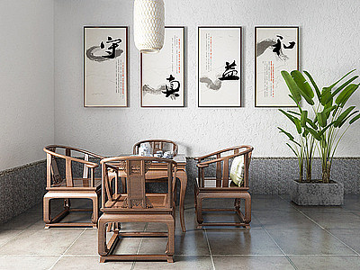 3d中式风格茶桌椅挂画模型