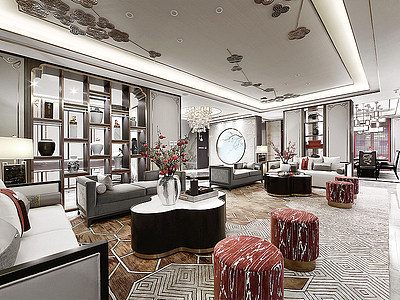 3d新中式客厅沙发茶几模型