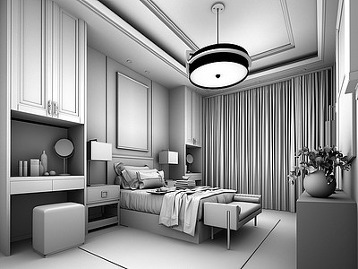 新中式卧室双人床床头柜模型3d模型