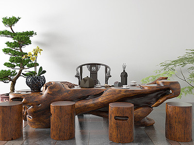 3d中式茶桌根雕茶海模型