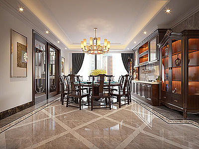3d新中式客厅餐厅家具组合模型