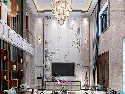 新中式别墅挑空复式客厅模型3d模型