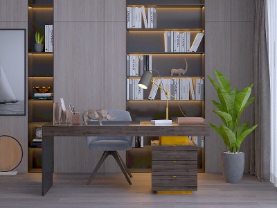 3d现代书房书桌椅模型