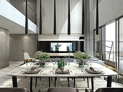 3d现代风格别墅客餐厅模型