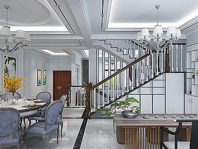 3d轻奢别墅客厅餐厅楼梯模型