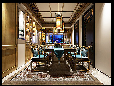 3d新中式餐厅餐桌椅柜子模型
