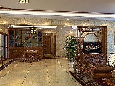3d中式客餐厅入户模型