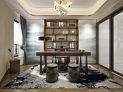 3d新中式书房吊灯书桌书柜模型