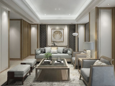 3d新中式别墅家居客厅模型