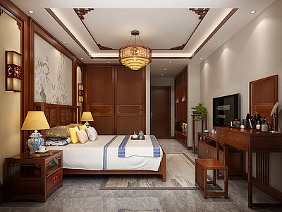 中式卧室床具床头柜模型3d模型
