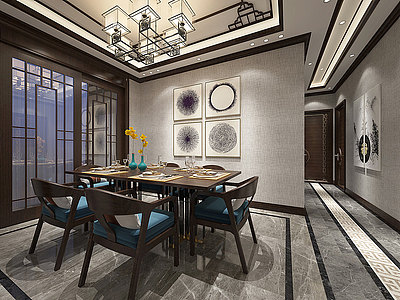 新中式客厅餐厅模型3d模型