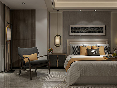 新中式卧室床具单椅模型3d模型