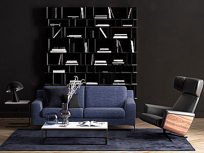 3d现代客厅蓝色布艺双人沙发模型
