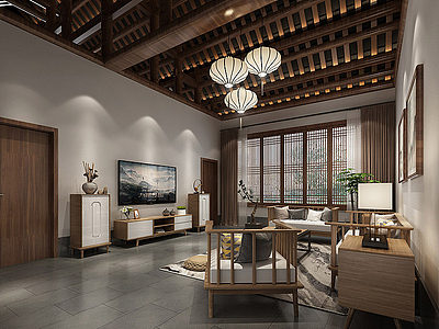 3d新中式民宿客厅模型