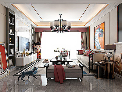 新中式客厅沙发茶几组合模型