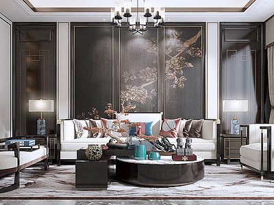 3d新中式客厅沙发椅子茶几模型
