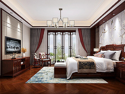 中式卧室双人床吊灯模型3d模型