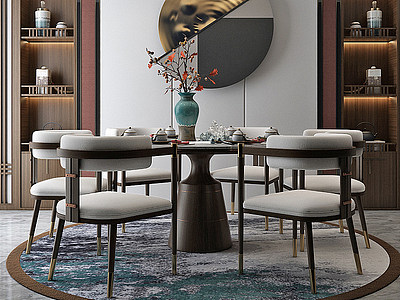 3d新中式餐厅木质餐桌酒柜模型