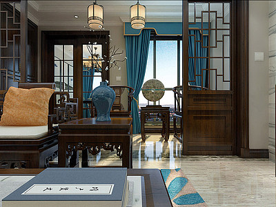 3d新中式风格客餐厅茶室过道模型