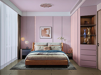 淡粉色卧室双人床模型