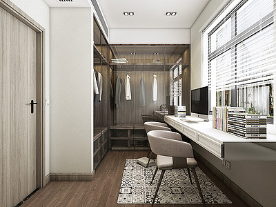 3d新中式卧室书房模型
