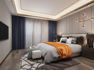 轻奢卧室墙饰双人床模型3d模型