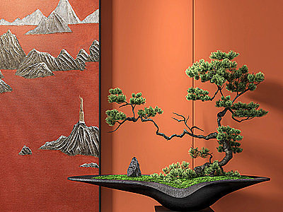 新中式松树盆栽摆件模型