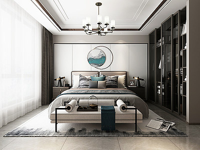 新中式主人房卧室模型3d模型