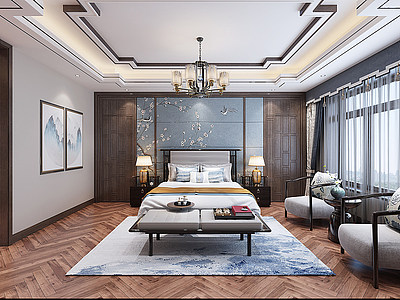 新中式卧室手绘壁纸模型