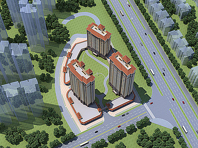 3d简欧高层住宅鸟瞰规划模型