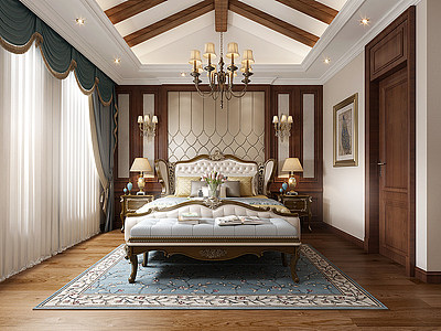 3d美式卧室实木双人床模型