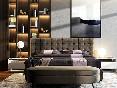 3d现代卧室装饰柜组合双人床模型