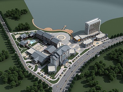 新中式酒店鸟瞰规划模型3d模型