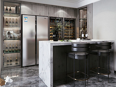 现代风格餐厅吧台酒柜冰箱模型3d模型