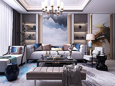 3d新中式客厅新中式沙发模型