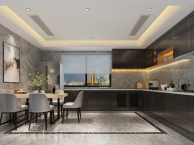 3d新中式餐厅厨房吊灯挂画模型