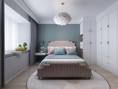 北欧轻奢卧室吊灯双人床模型3d模型