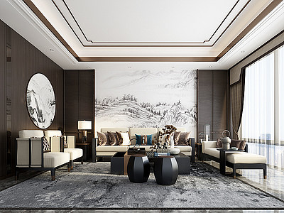 新中式客厅沙发组合茶几模型