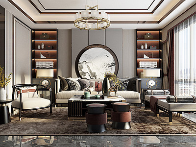 3d新中式客厅沙发组合茶几模型