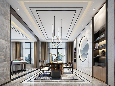 3d新中式别墅客餐厅茶室模型